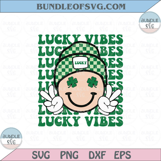 Lucky Vibes Svg Shamrock Smiley Face Retro Saint Patricks Day Png Svg Dxf Eps Files - BundleofSVG