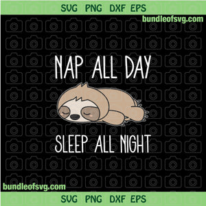 Nap All day Sleep All Night SVG Sloth Funny svg Lazy Day svg Sleeping Sloth svg png dxf cut file cameo cricut
