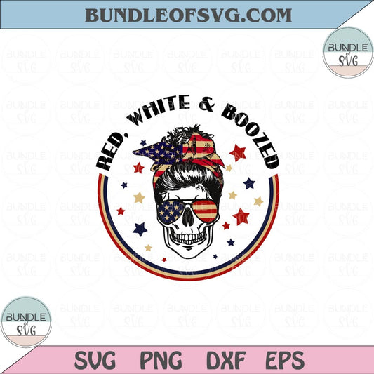 Red White and Booze Svg Mom Bun Skull USA Flag 4th of July Svg Png Dxf Eps files Cameo Cricut - BundleofSVG